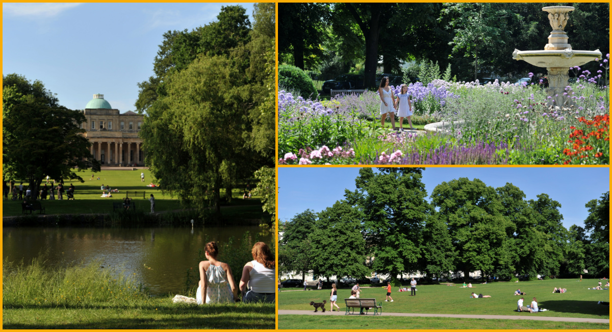 Collage of Pittville Park, Sandford Park and Montpellier Gardens in Cheltenham.